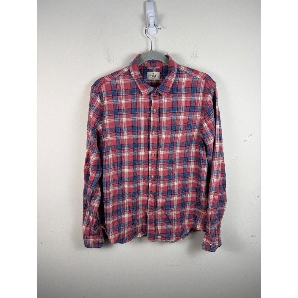 Marine Layer Mens Red Blue Plaid Flannel Button Down Shirt Small 15289 Fall 2022